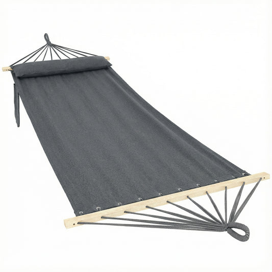 Cotton Hammock | 270x80cm | Headrest | Side Pocket | Hardwood Spreader Bar | Hanging Straps | Portable & Foldable | 120kg | Dark Grey
