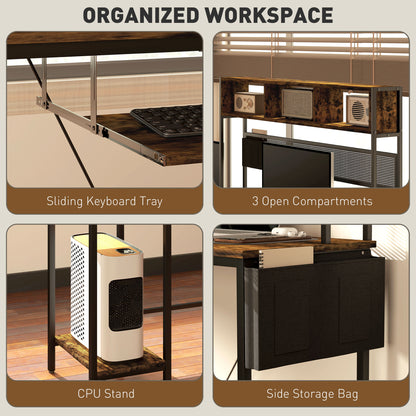 160cm Reversible L Shaped Desk with Power Outlet, Industrial Corner Desk with Storage Shelves and Keyboard Tray, 240cm Long For 2 Person