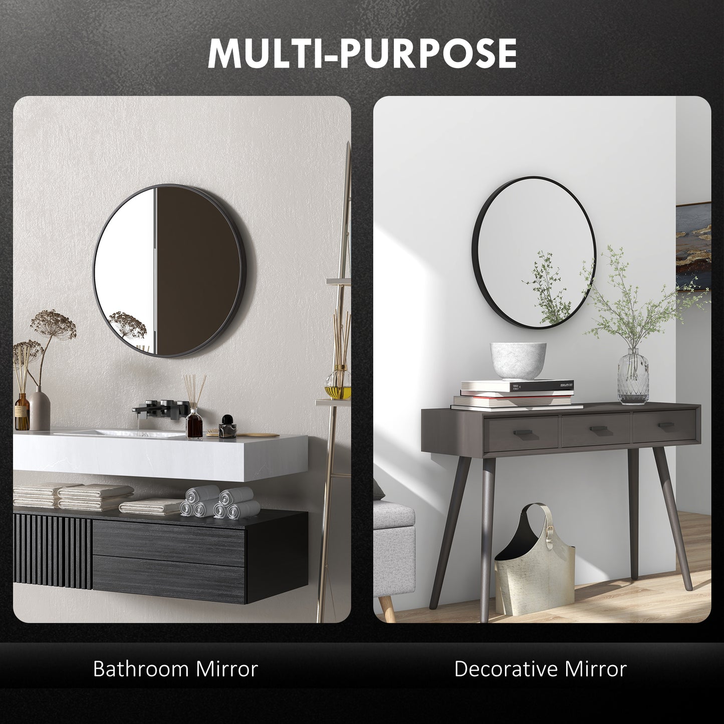 Round Bathroom Mirror, Modern Wall-mounted Vanity Mirror with Aluminium Frame and Easy Install Hook for Living Room, Entryway, 70 x 70cm, Black