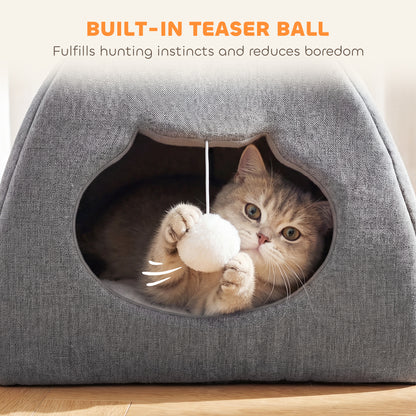 Cat Cave Bed & Cat House | Reversible All-Season Cushion | Teaser Ball | Cat-Shaped Entrance | Anti-Slip Base | 42x42x39cm | Suits Cats to 5kg | Grey
