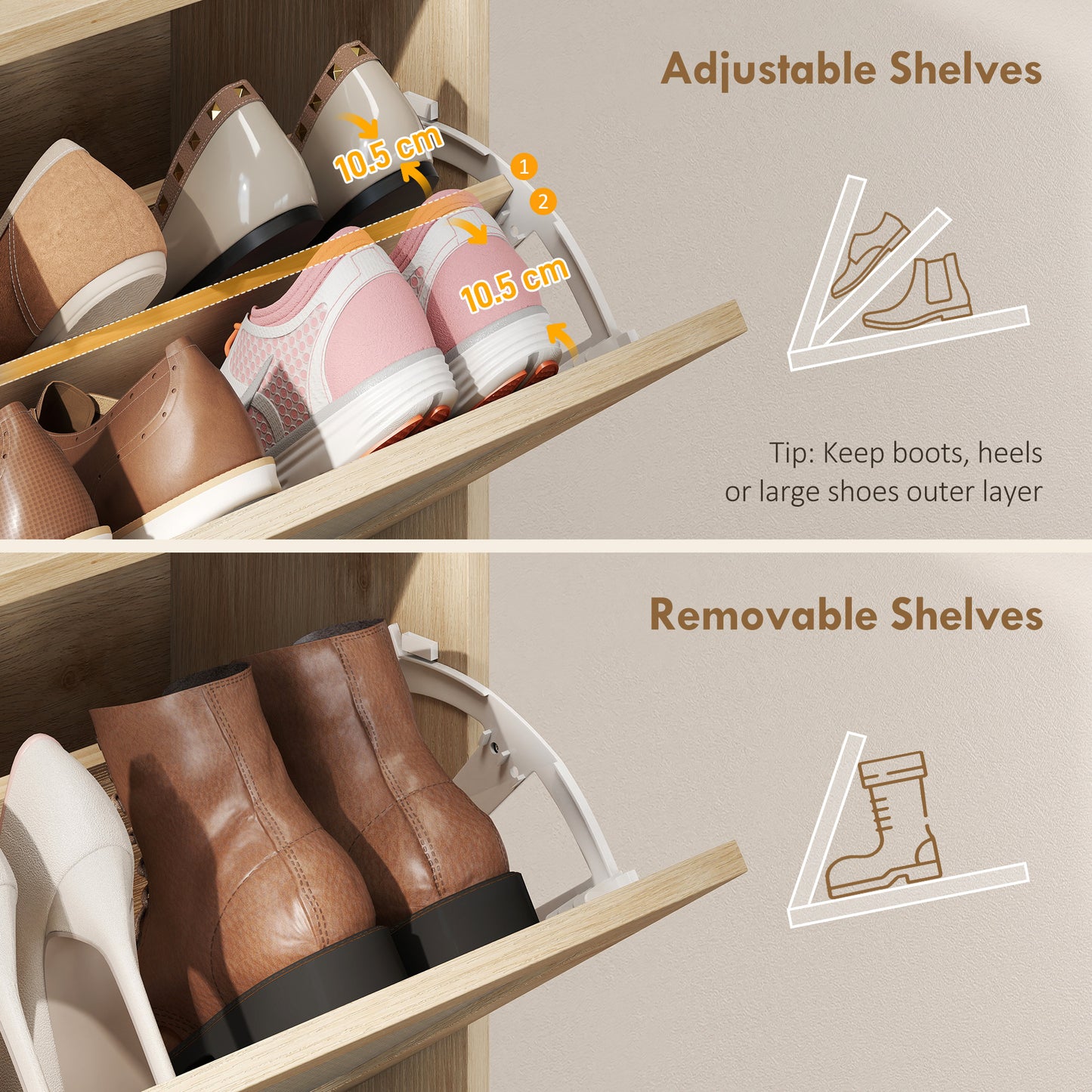 Boho Narrow Shoe Cabinet | 2 Flip Drawers | Rattan Fronts | 12-16 Pairs | Adjustable Shelves | Anti-Tip Hardware | Melamine Coating | 40kg Capacity | 80x23.7x99.5cm | Oak