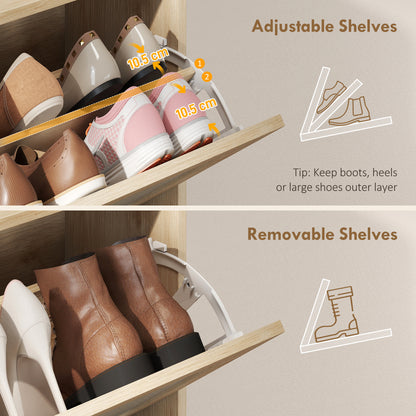 Boho Narrow Shoe Cabinet | 2 Flip Drawers | Rattan Fronts | 12-16 Pairs | Adjustable Shelves | Anti-Tip Hardware | Melamine Coating | 40kg Capacity | 80x23.7x99.5cm | Oak