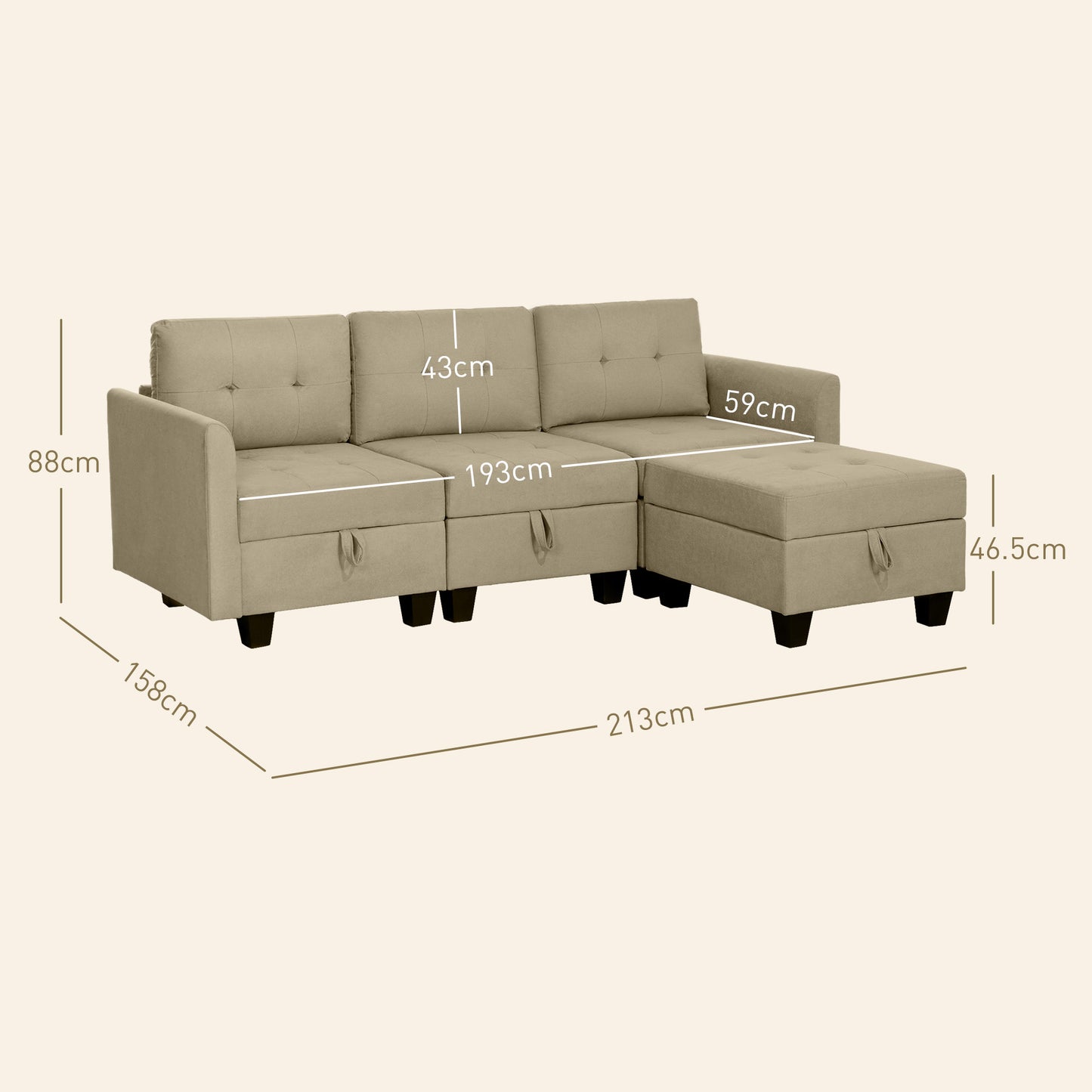 Convertible Modular Sectional Sofa with Storage, 3 Seater Sofa Set, L Shaped Sofa Couch with Ottoman, Wood Frame for Living Room, Light Brown