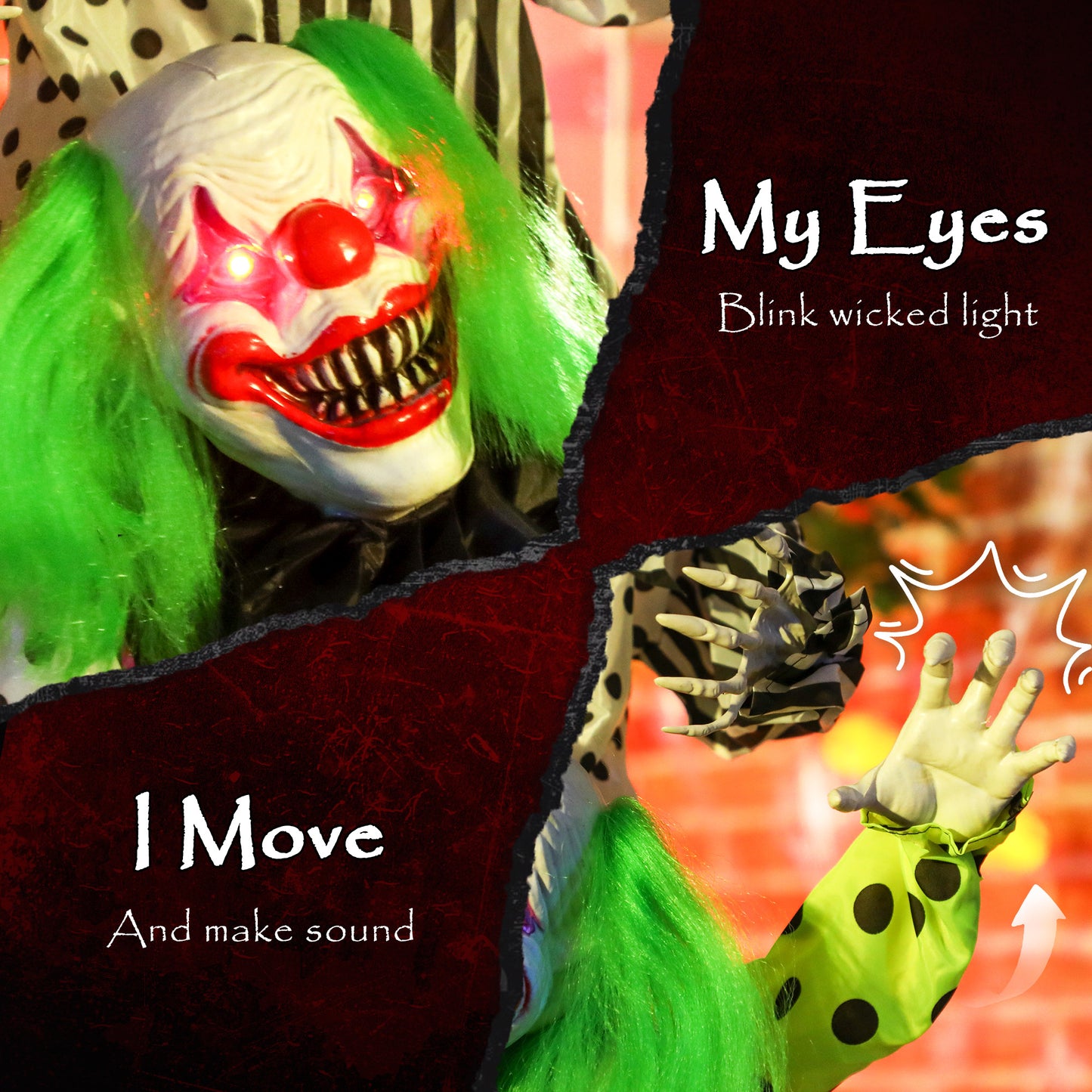 Life Size Stackable Halloween Animated Clown with Red Light Up Eyes, Sound Activated Scary Halloween Decorations, Battery Operated, Indoor Party Props