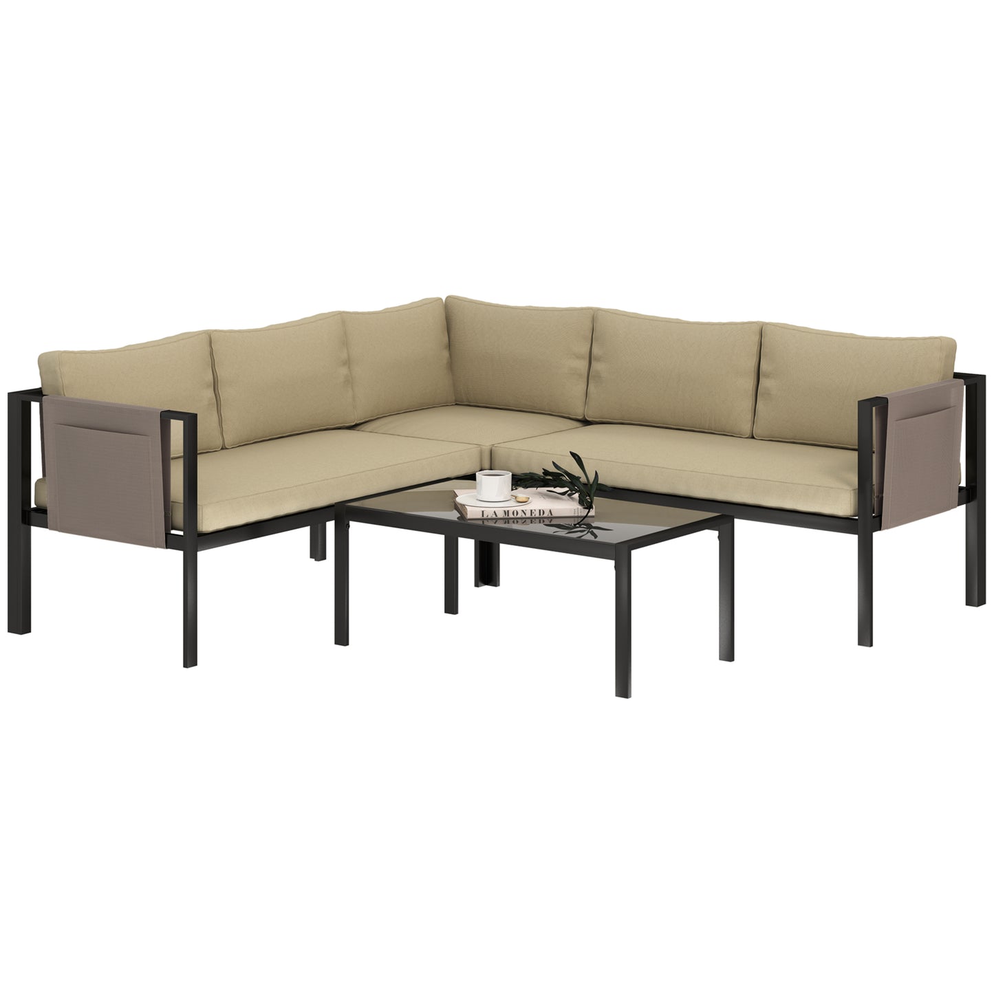 4 Piece Metal Garden Furniture Set with Tempered Glass Coffee Table, Breathable Mesh Pocket, Outdoor Conversational Corner Sofa, Khaki