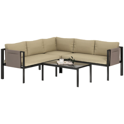 4 Piece Metal Garden Furniture Set with Tempered Glass Coffee Table, Breathable Mesh Pocket, Outdoor Conversational Corner Sofa, Khaki