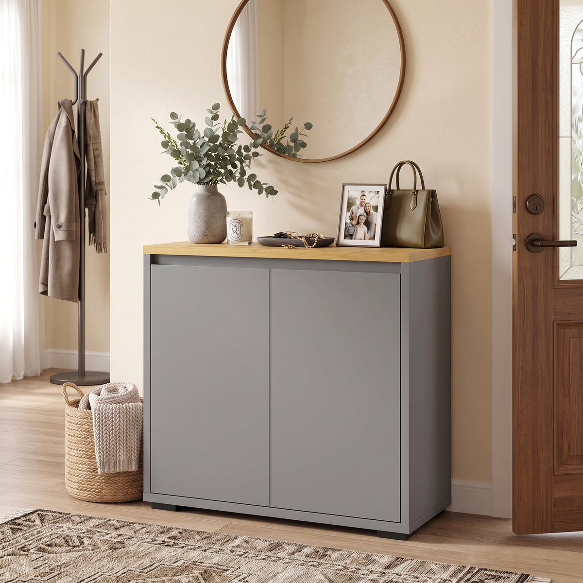 Grey Sideboard Storage Cabinet | 80 cm Wood-Effect Top with Double Doors & Adjustable Shelf | Kitchen, Living Room & Entryway Furniture