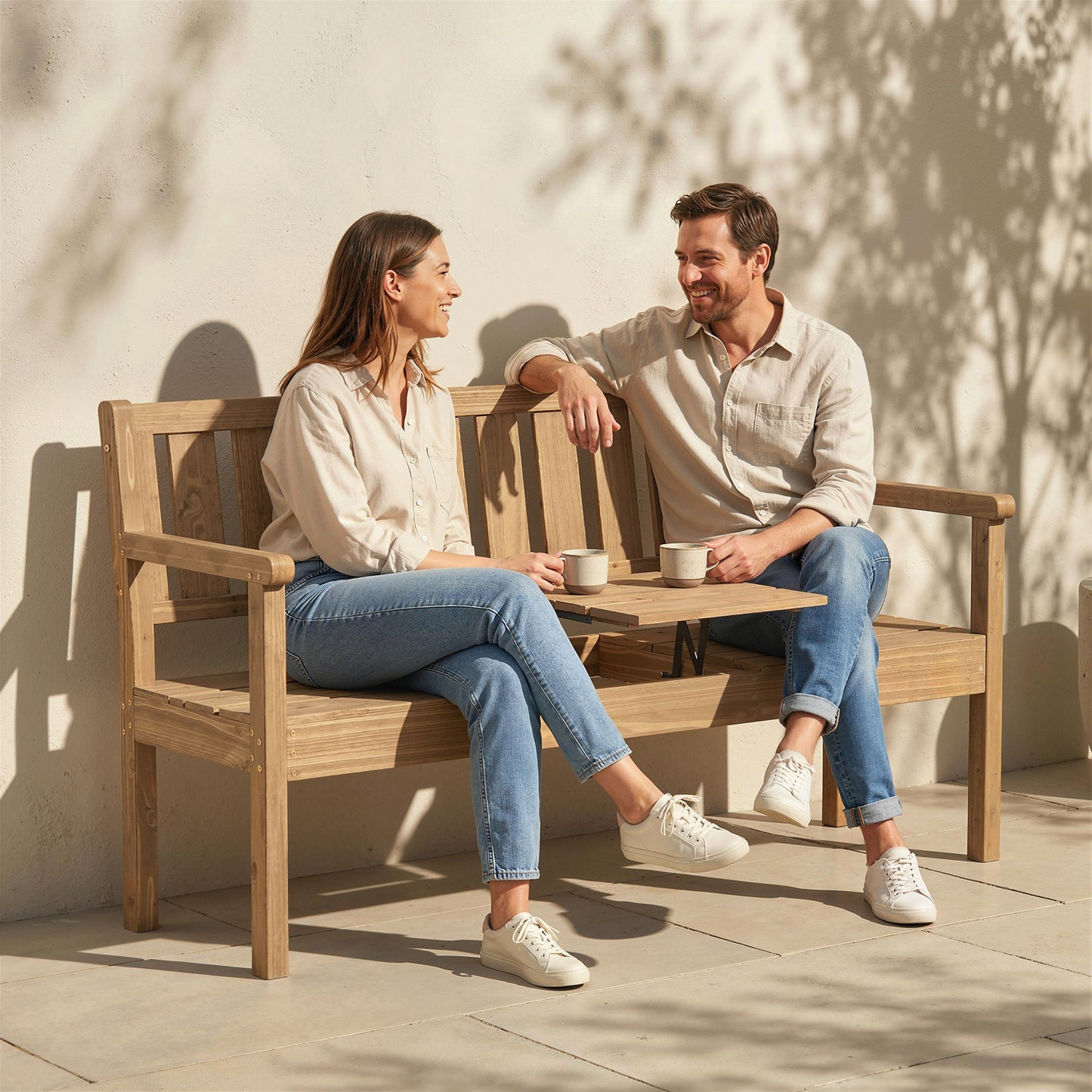 Outsunny Wooden Garden Loveseat with Liftable Table & Shelf, 2-3-Seater Outdoor Bench, Fir Wood Jack and Jill Garden Seat, Teak
