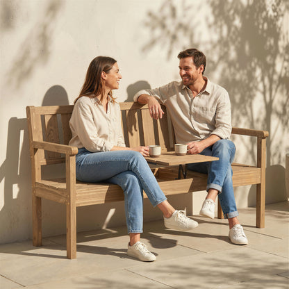Outsunny Wooden Garden Loveseat with Liftable Table & Shelf, 2-3-Seater Outdoor Bench, Fir Wood Jack and Jill Garden Seat, Teak