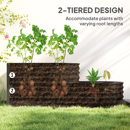 2-Tier Galvanised Steel Raised Garden Bed | 0.6mm Steel | Open Bottom | Folded Safety Edge & Rubber Strip | Bottom 149x59cm Top 89x59cm | 150x60x57cm | Dark Grey