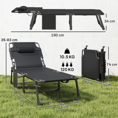 Folding Sun Lounger Camping Bed | 5 Position Recline | 68cm Mesh Seat | Removable Cushion & Headrest | Portable | 120kg | Blue