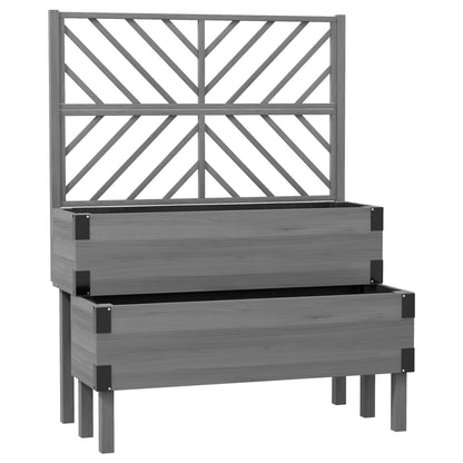 2-Tier Elevated Wooden Raised Garden Bed with Trellis | 2 Planter Boxes | Non-Woven Liner | Drainage Holes | Metal Corner Brackets | 40kg | 108x62.5x140cm | Veg Flowers & Herbs | Grey