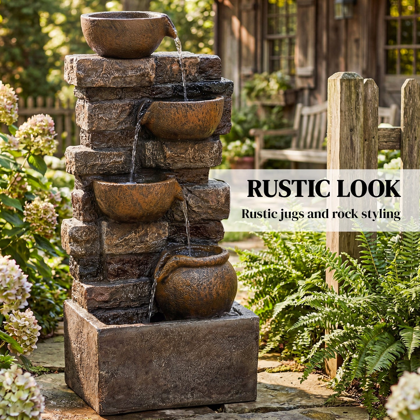 5-Tier Resin Cascading Waterfall Fountain | Hand-Painted Weathered Stone Look | 4 Warm LED Lights | 3-Speed Adjustable Pump | 5W | 230V | 3m Cable | 31x25.5x72cm | Garden Patio & Balcony | Rustic Brown