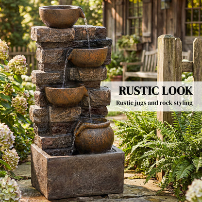 5-Tier Resin Cascading Waterfall Fountain | Hand-Painted Weathered Stone Look | 4 Warm LED Lights | 3-Speed Adjustable Pump | 5W | 230V | 3m Cable | 31x25.5x72cm | Garden Patio & Balcony | Rustic Brown