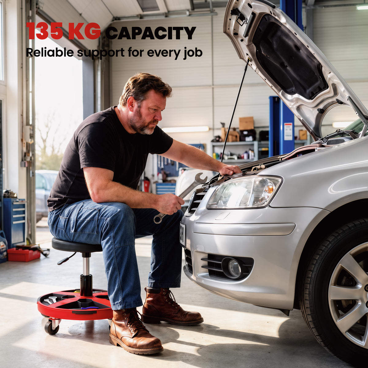 Black Rolling Mechanic Stool | 40-52 cm Adjustable Workshop Seat with 360° Swivel, Tool Tray, Bottle Holders & 135 kg Capacity