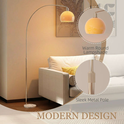 Floor Lamp | Curved Head | Round Shade | Marble Base | Electroplated Nickel Finish | E27 | Foot Switch | 180cm | 40W | White