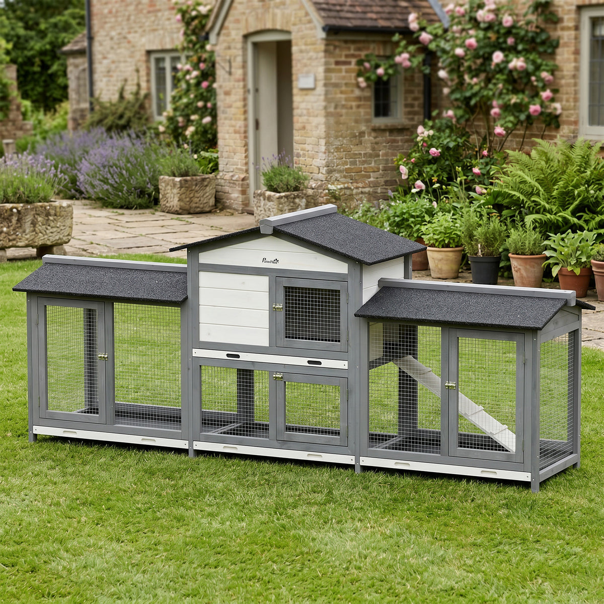 2-Tier Large Rabbit Hutch | Outdoor | Double Side Run Boxes | No-Leak Tray | Ramp | 230cm | Light Grey