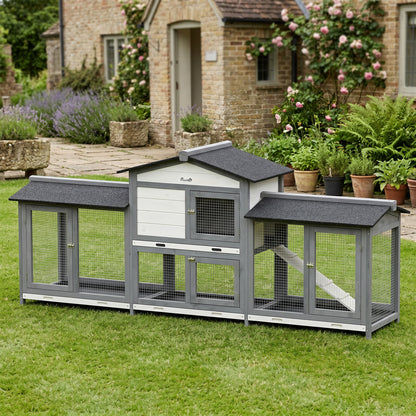 2-Tier Large Rabbit Hutch | Outdoor | Double Side Run Boxes | No-Leak Tray | Ramp | 230cm | Light Grey