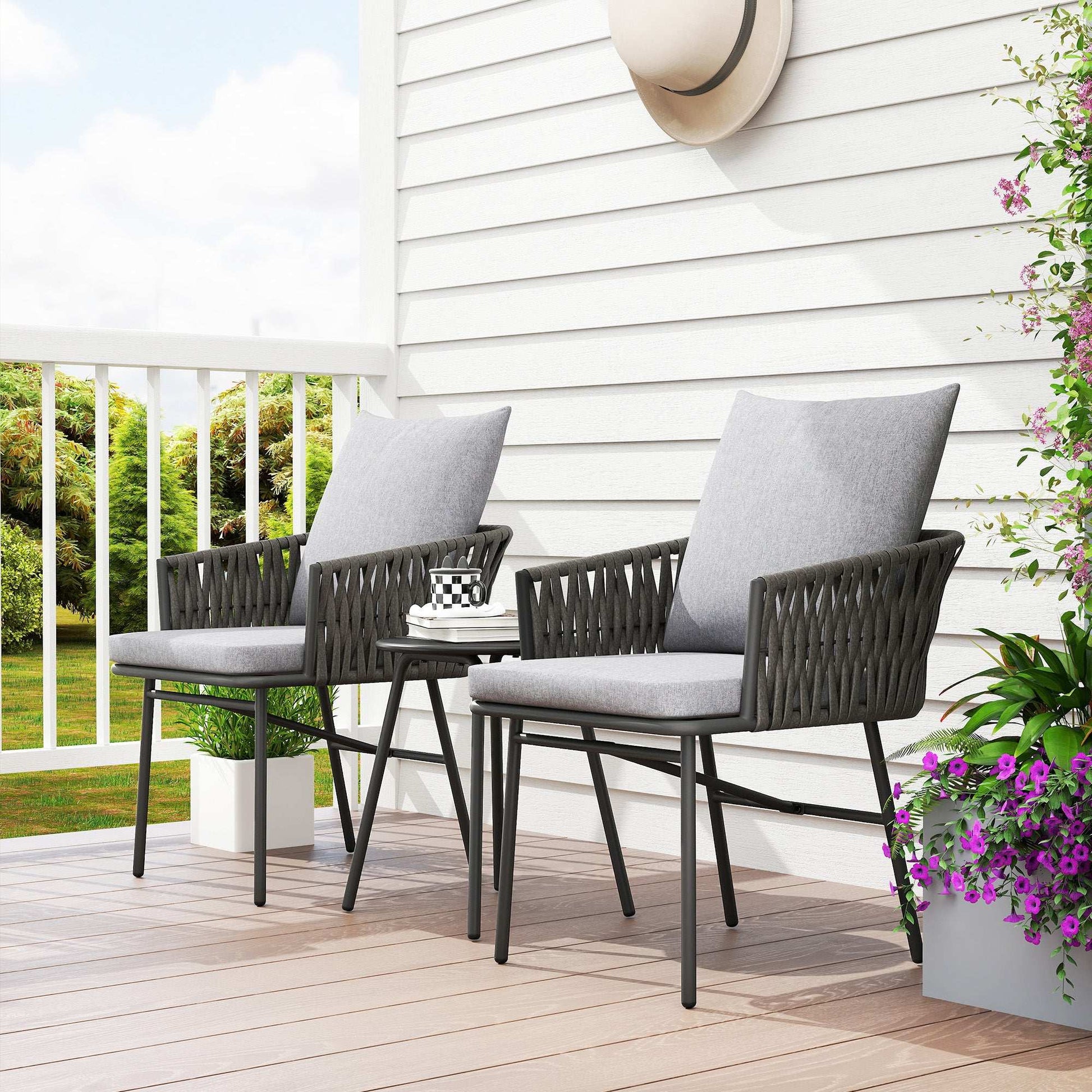 3-Piece Rattan Bistro Set, Garden Table and Chairs with 4 Cushions, Patio Rattan Conversation Furniture Set for Balcony, Porch, Terrace