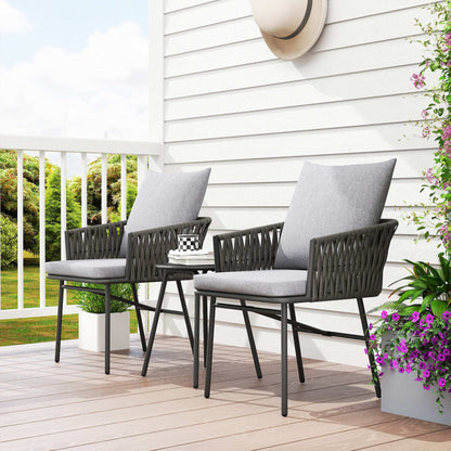 3-Piece Rattan Bistro Set, Garden Table and Chairs with 4 Cushions, Patio Rattan Conversation Furniture Set for Balcony, Porch, Terrace