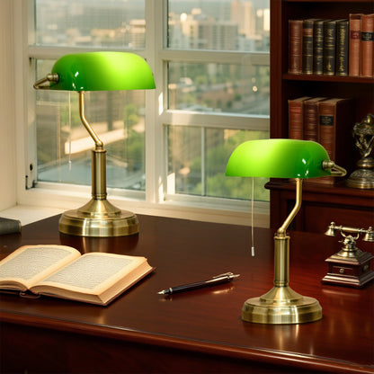 Set of 2 Banker's Desk Lamps | Green Glass Shade | Antique Brass Base | Pull Rope Switch