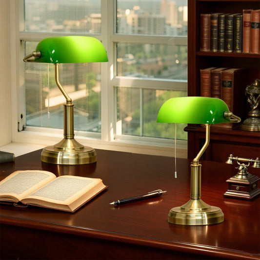 Set of 2 Banker's Desk Lamps | Green Glass Shade | Antique Brass Base | Pull Rope Switch