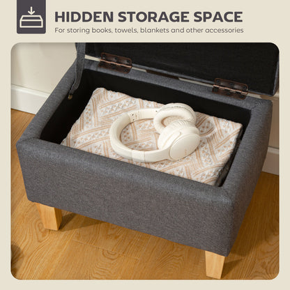 Storage Ottoman & Padded Footstool | 16L Storage | Linen-Look | Rubberwood Legs | 100° Lid Opening | 120kg | 49x33x36cm | Charcoal Grey