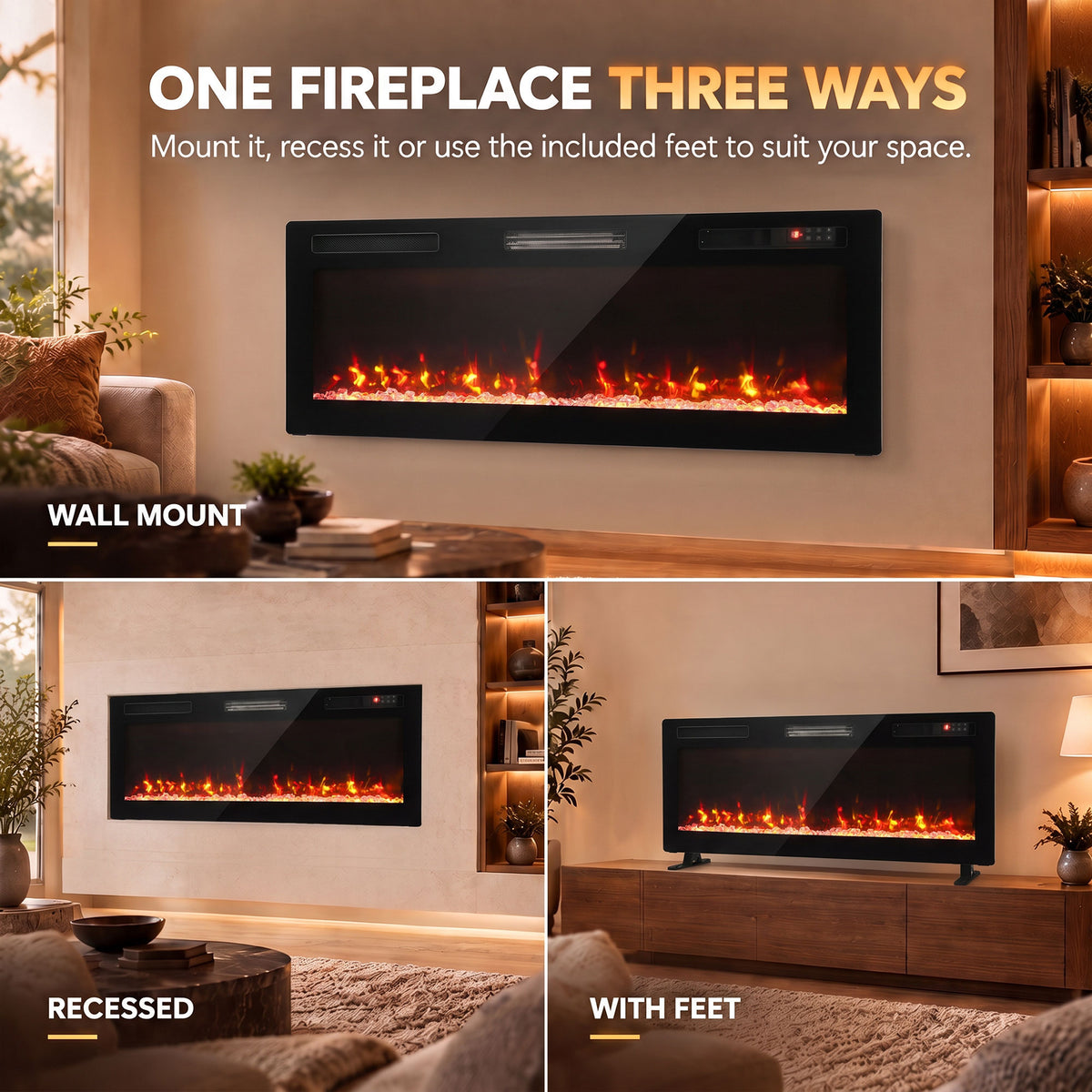 Slim Electric Fireplace | 127cm, 900/1800W | Crystal Effect, 12 Colours & Remote | Wall-Mounted, Recessed or Freestanding | Black
