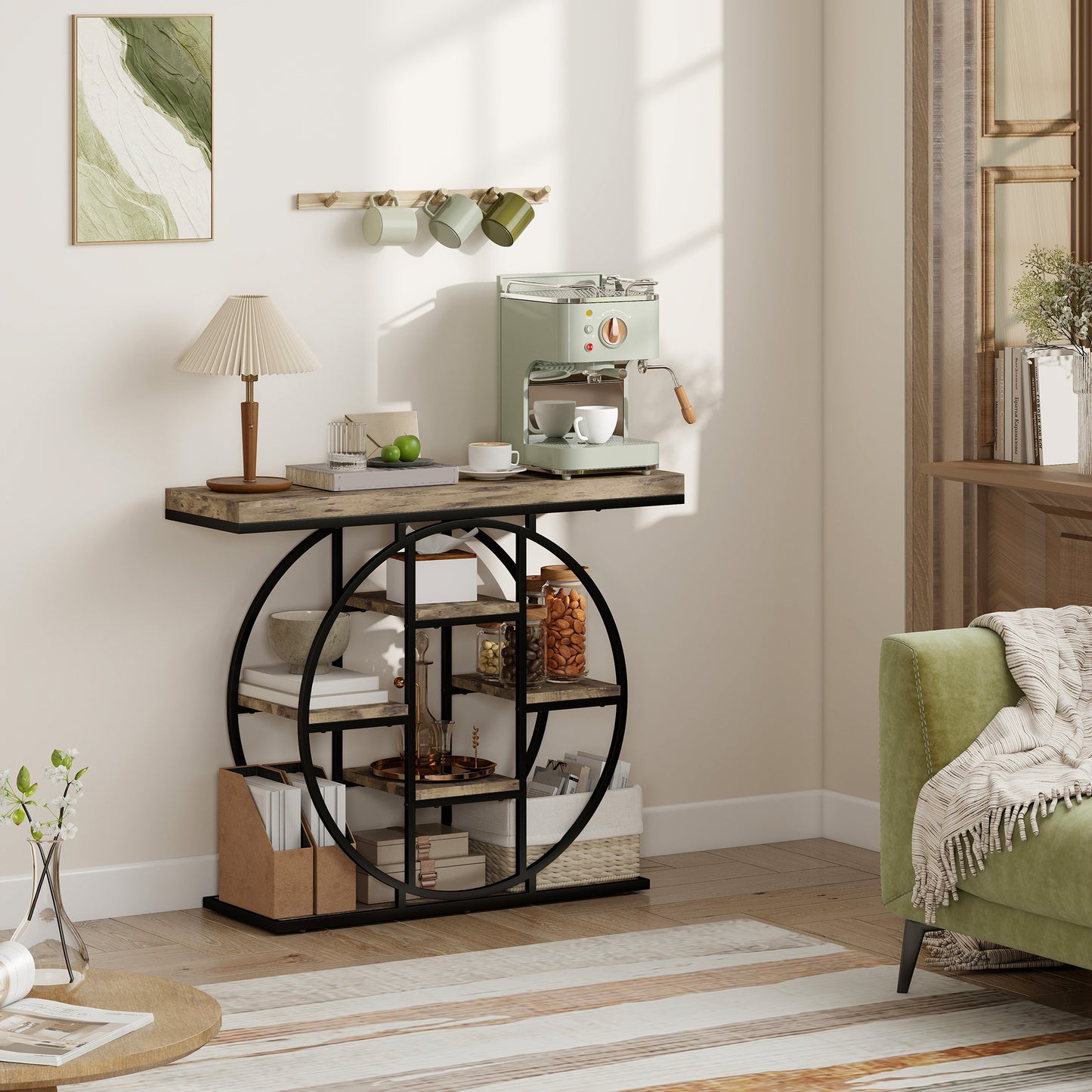 Industrial Console Table with Storage Shelves - Rustic Brown