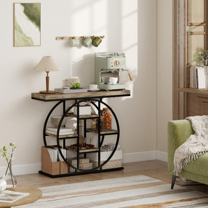 Industrial Console Table with Storage Shelves - Rustic Brown