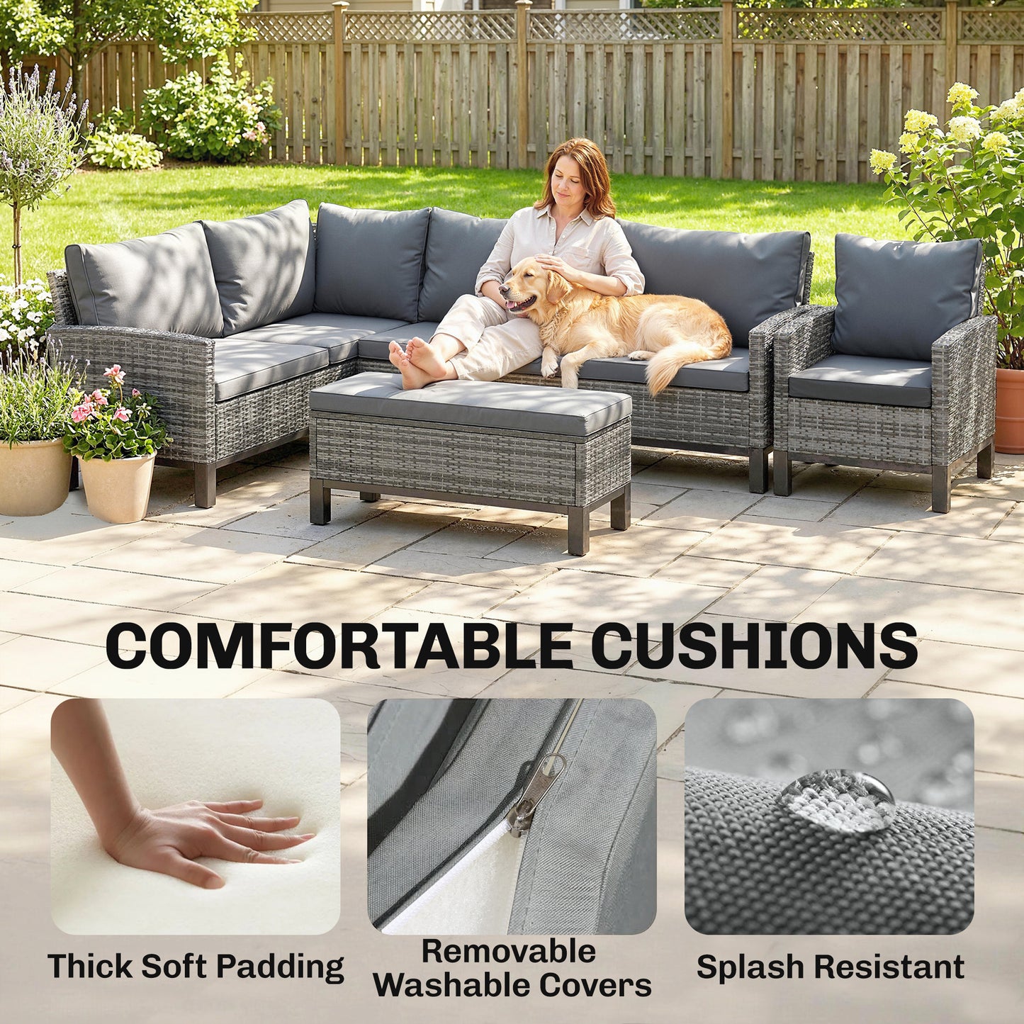 9-Seater Rattan Corner Sofa & Dining Set | Ottoman | Faux Wood Table | Washable Cushions | Dark Grey