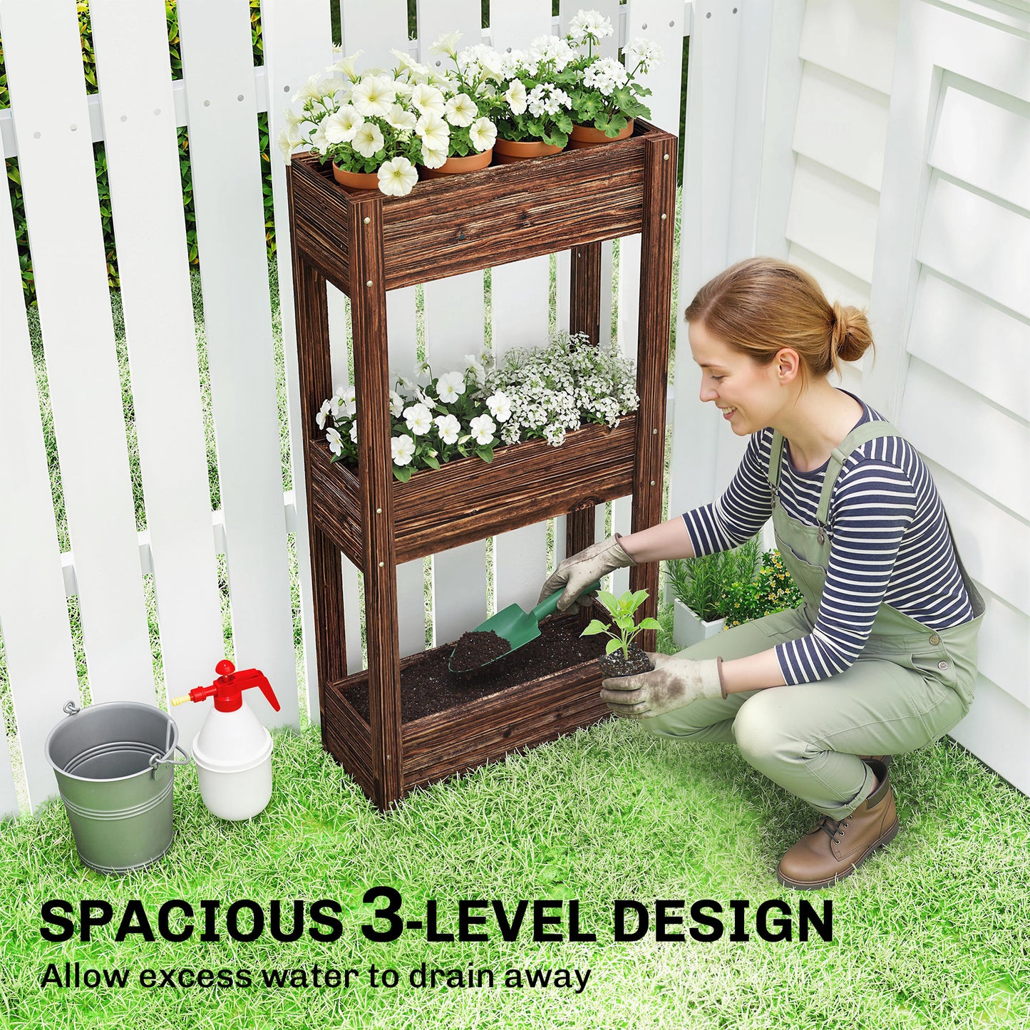 3-Tier Wooden Raised Planter, Raised Garden Bed on Legs with Drainage Holes and Bed Liner, Elevated Garden Planter