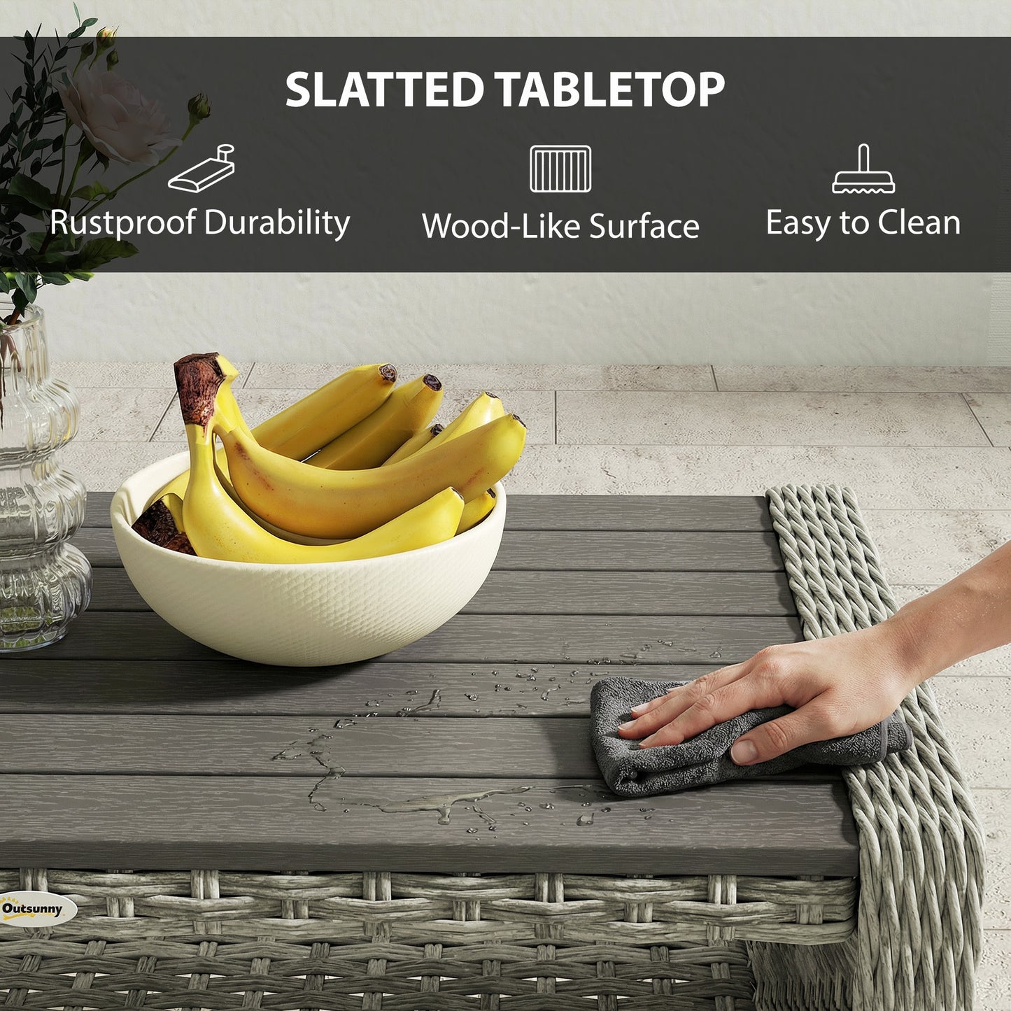 2-Tier Rattan Garden Coffee Table | PS Waterproof Top | Storage Shelf | 50kg | Foot Pads | Grey