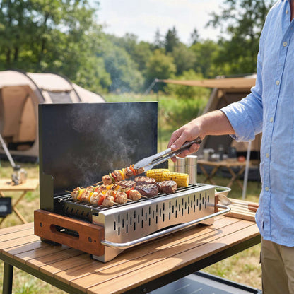 Outsunny Portable Folding Charcoal BBQ Grill – Briefcase Design, 6.7cm Slim, 0.08m² Chrome Grate, Removable Enamel Basin, For Camping, Picnic & Garden, Black