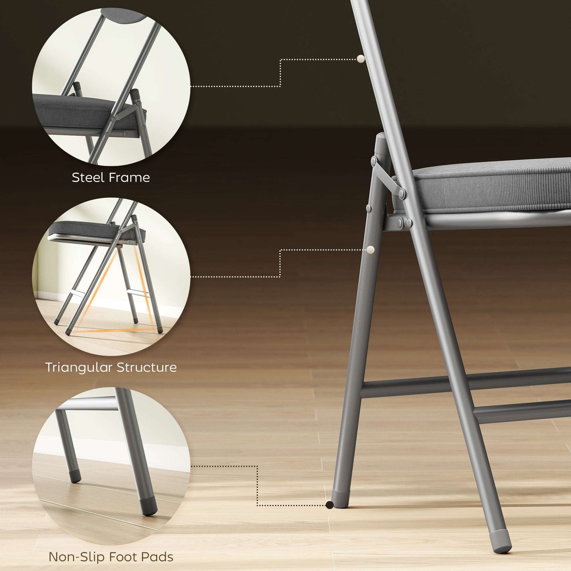 Set of 4 Folding Corduroy Chairs | High Back | Padded Seat & Back | Steel Frame | 120kg | No Assembly | Grey