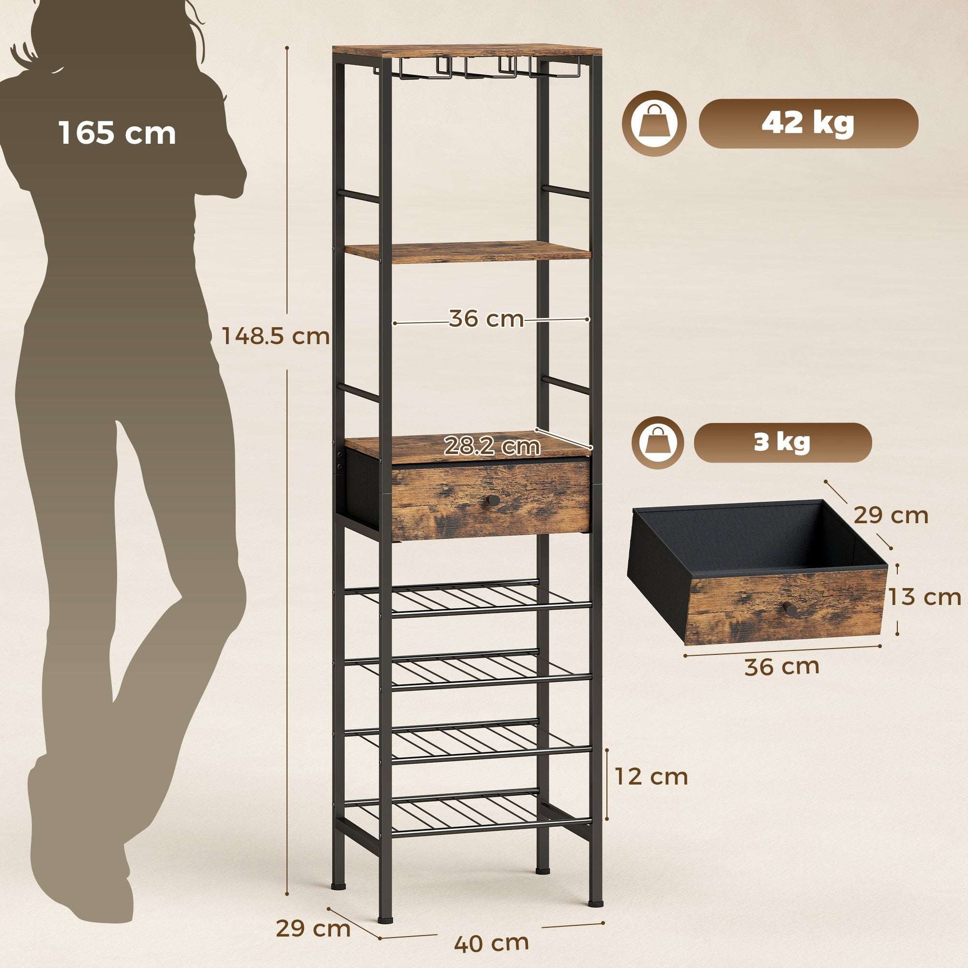 Industrial Wine Bar Cabinet | 16 Bottle Rack | 12 Glass Holder | Freestanding | 40x29x148.5cm | Rustic Brown