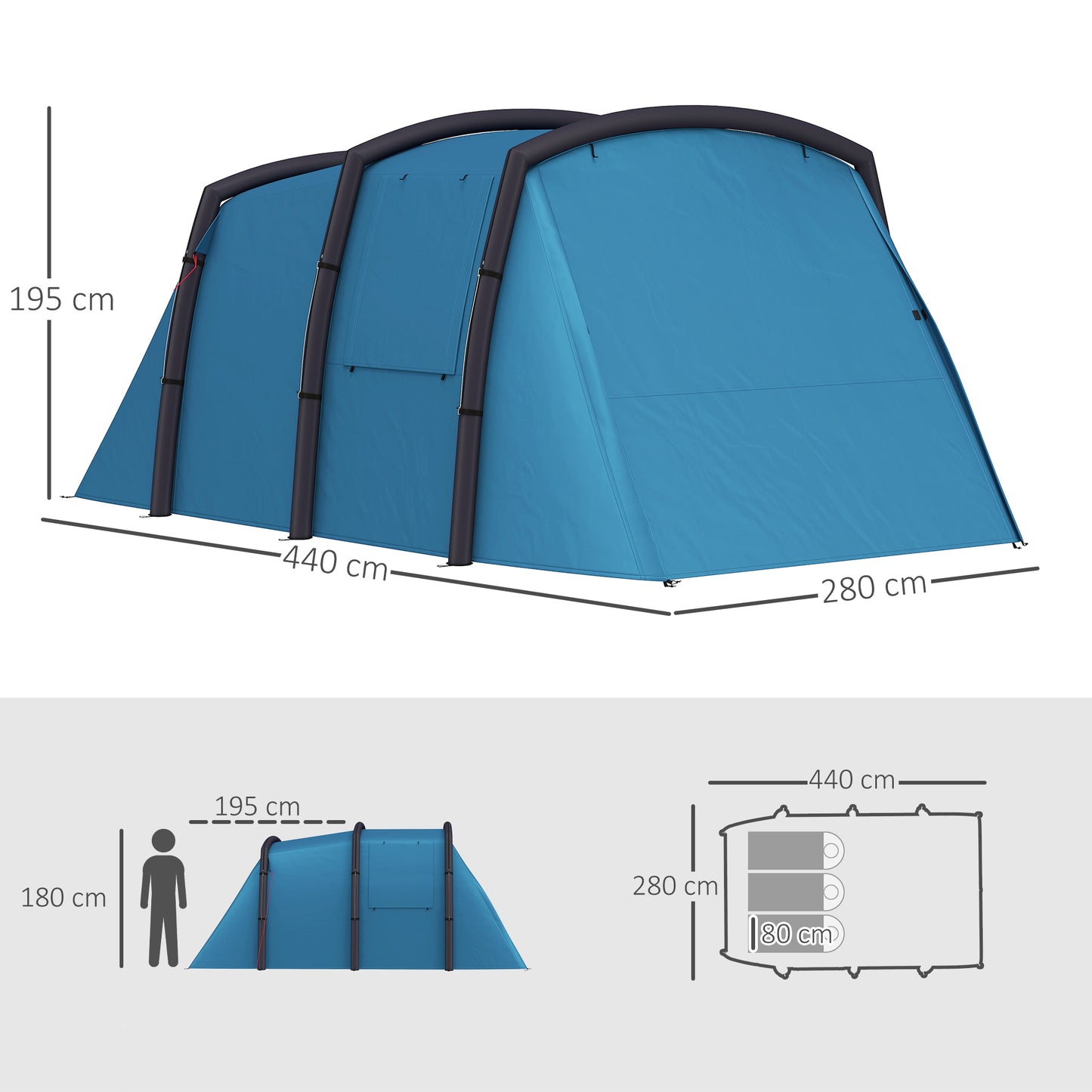 Inflatable 3-4 Man Tunnel Tent w/ Air Pump, Living Area & Vestibule, Waterproof Family Camping Air Tent, Hiking, Blue