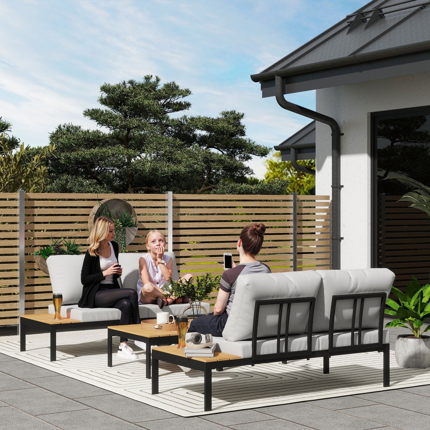 Outsunny Four-Piece Garden Corner Sofa Set with 2 Loveseats and 2 Coffee Tables - Teak