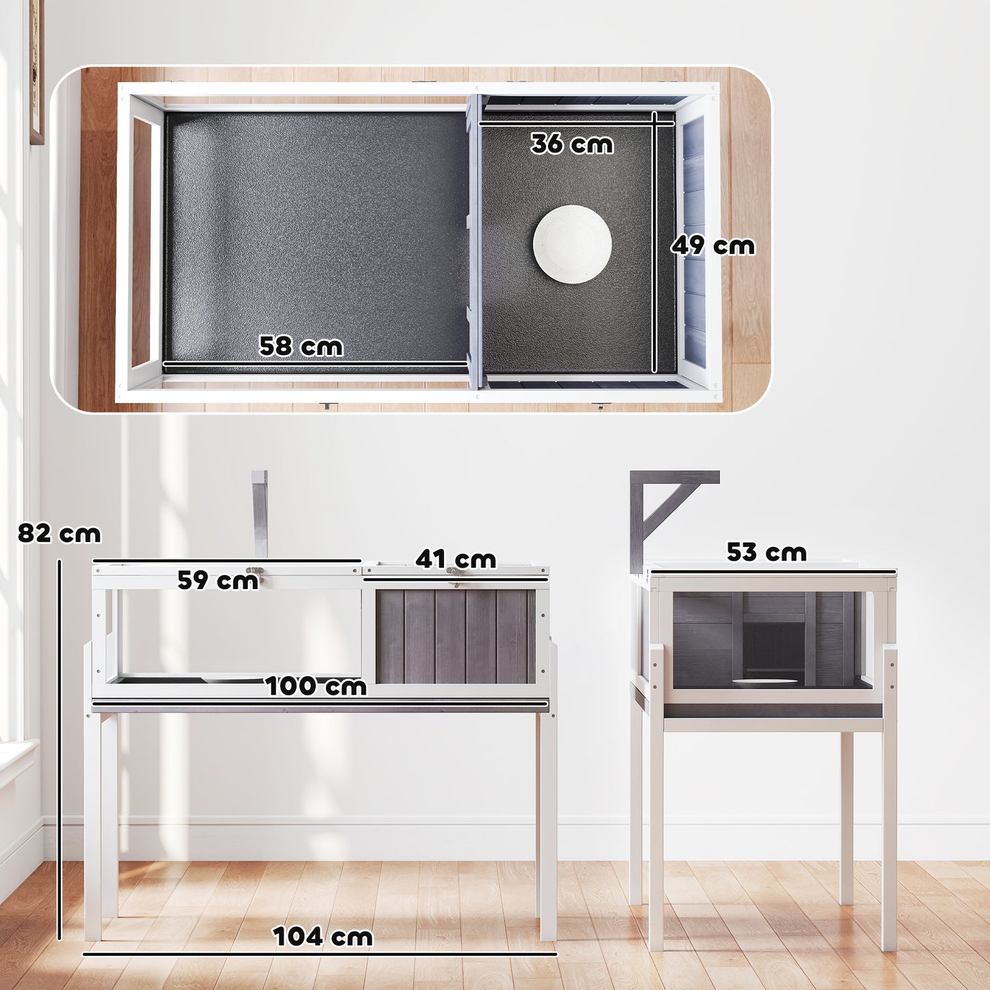 Wooden Tortoise Cage | Dual-Zone Habitat | Clear Panels | Raised Stand | Lamp Holder | 104 x 53 x 82cm | Grey