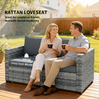 2-Seater PE Rattan Garden Sofa | 60cm Deep Seat | 8cm Seat & 15cm Back Cushions | Wide Armrests | Powder-Coated Steel Frame | Adjustable Foot Pads | 240kg Capacity | 128x68x71cm | Mixed Grey
