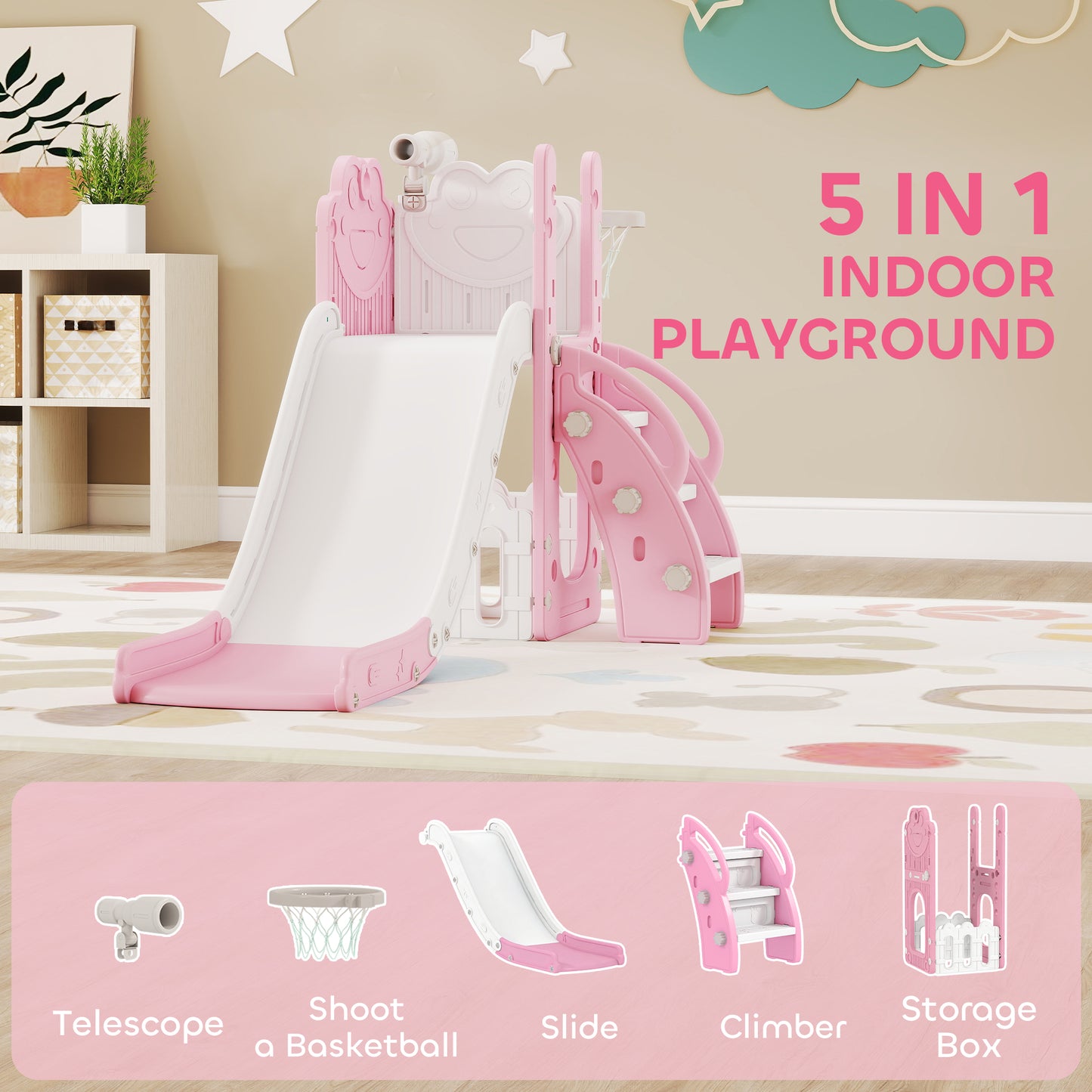 5-in-1 Kids Slide Set with Basketball Hoop, Climbing Frame, Telescope & Storage Box – Anti-Slip Steps, HDPE, Ages 1–3 – Pink