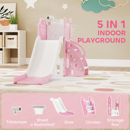 5-in-1 Kids Slide Set with Basketball Hoop, Climbing Frame, Telescope & Storage Box – Anti-Slip Steps, HDPE, Ages 1–3 – Pink