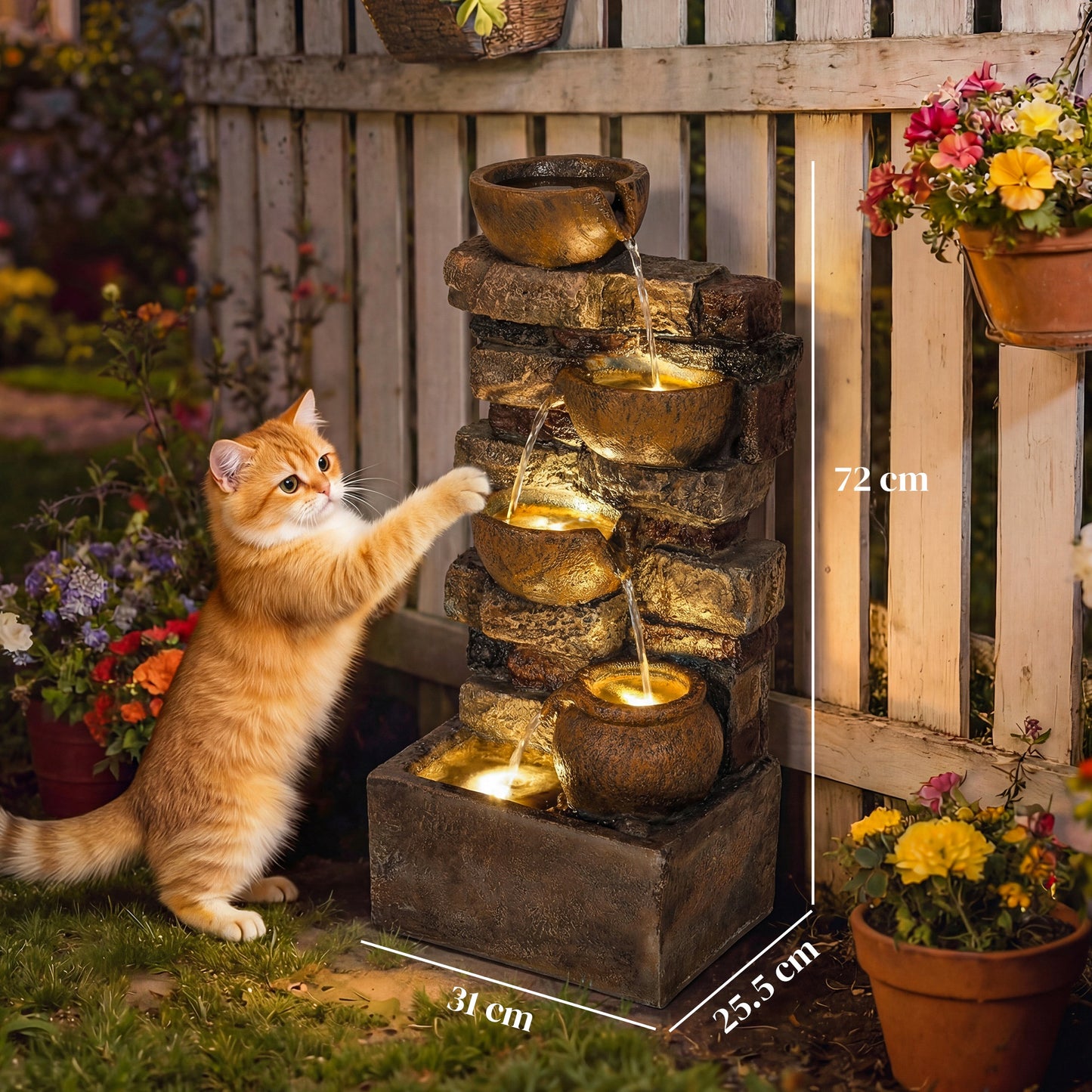 5-Tier Resin Cascading Waterfall Fountain | Hand-Painted Weathered Stone Look | 4 Warm LED Lights | 3-Speed Adjustable Pump | 5W | 230V | 3m Cable | 31x25.5x72cm | Garden Patio & Balcony | Rustic Brown
