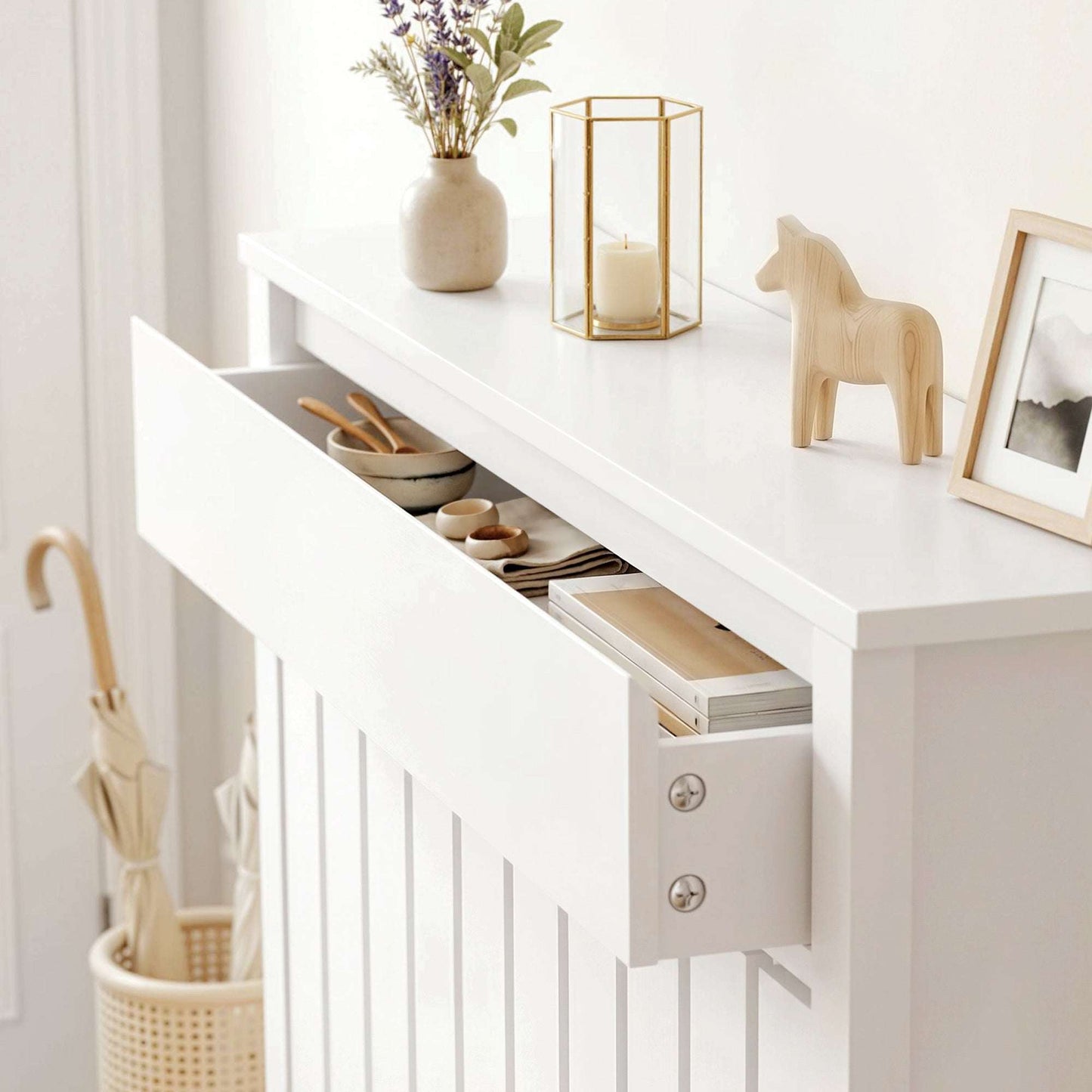 MDF & Particle Board Radiator Cover with 1 Drawer | Vertical Slats | Flat Top Display Surface | Wall Mountable | Pre-Cut Outs | 14kg Capacity | 88.5x19x93cm | White