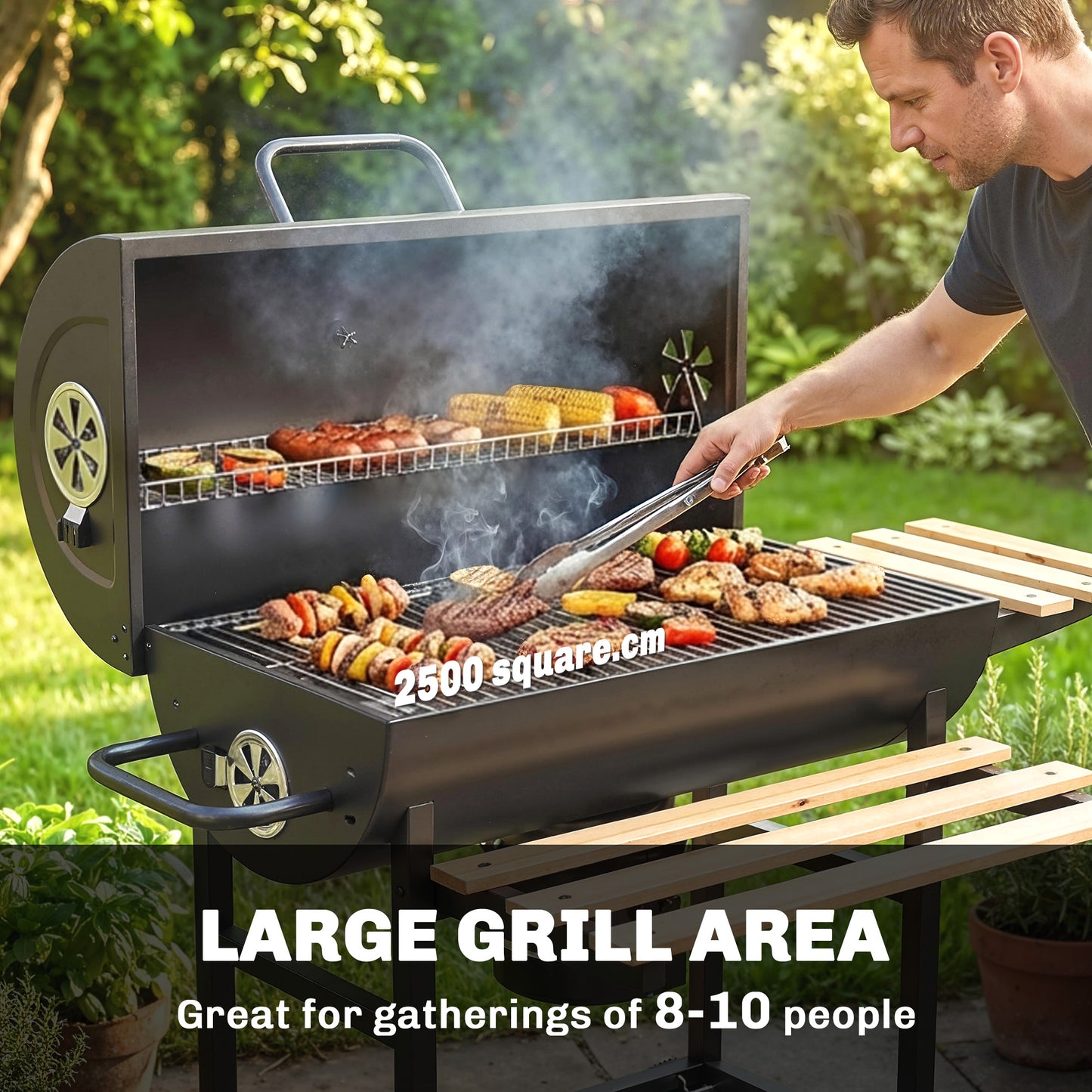 Barrel Charcoal BBQ Smoker | 2500cm² Grill | Warming Rack | Lid Thermometer | Foldable Shelves | Black