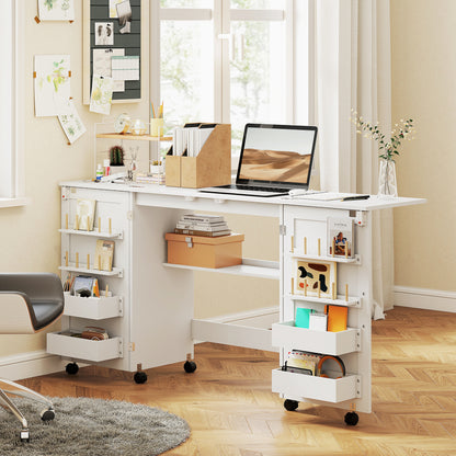Folding Sewing & Craft Table | 20 Spool Pegs | 4 Storage Bins | Machine Shelf | 6 Wheels (4 Lockable) | 54kg | White