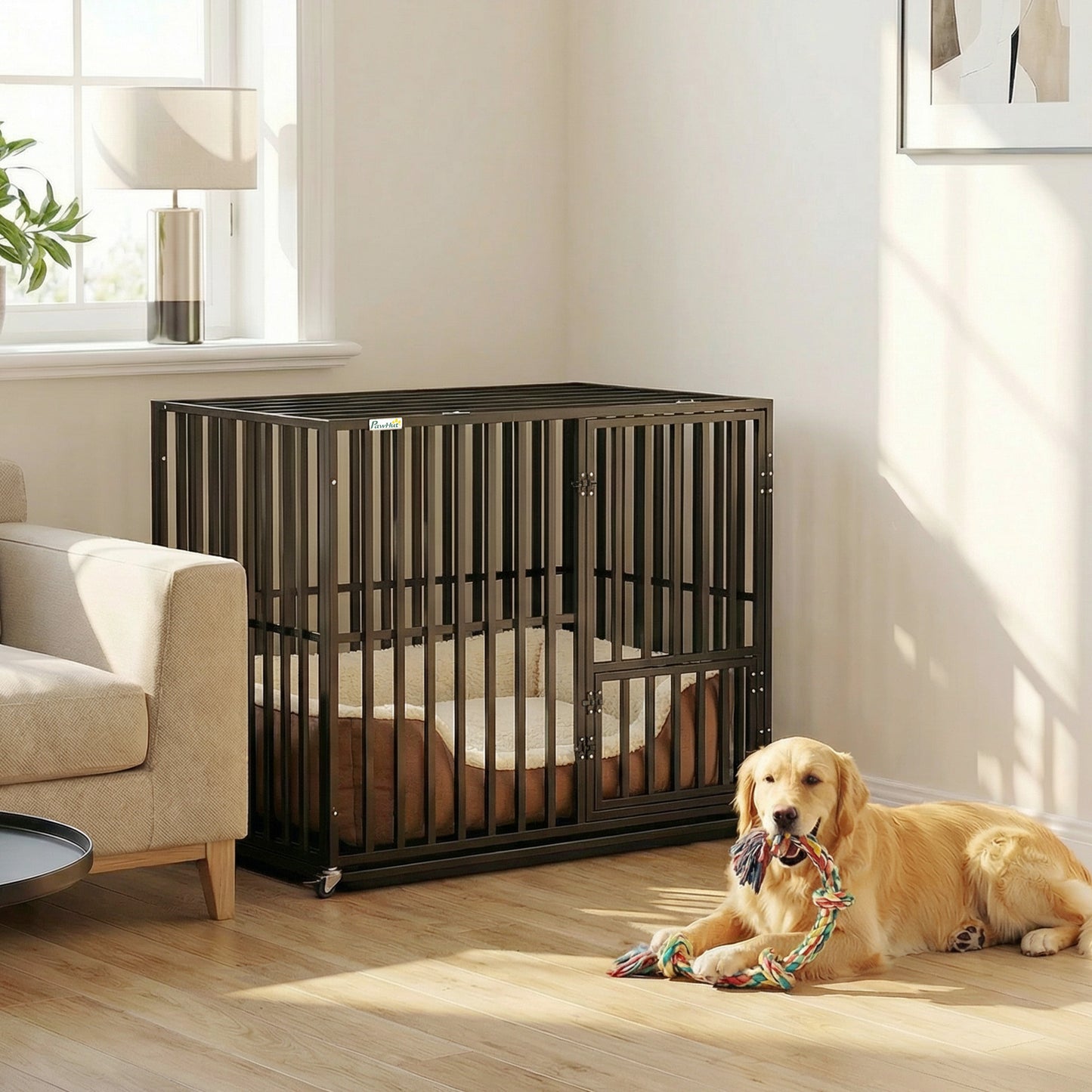 Heavy Duty Dog Crate with Wheels | 3-Door Access | Removable Tray | Top Playpen Opening | Medium & Large Dogs up to 30kg | Black