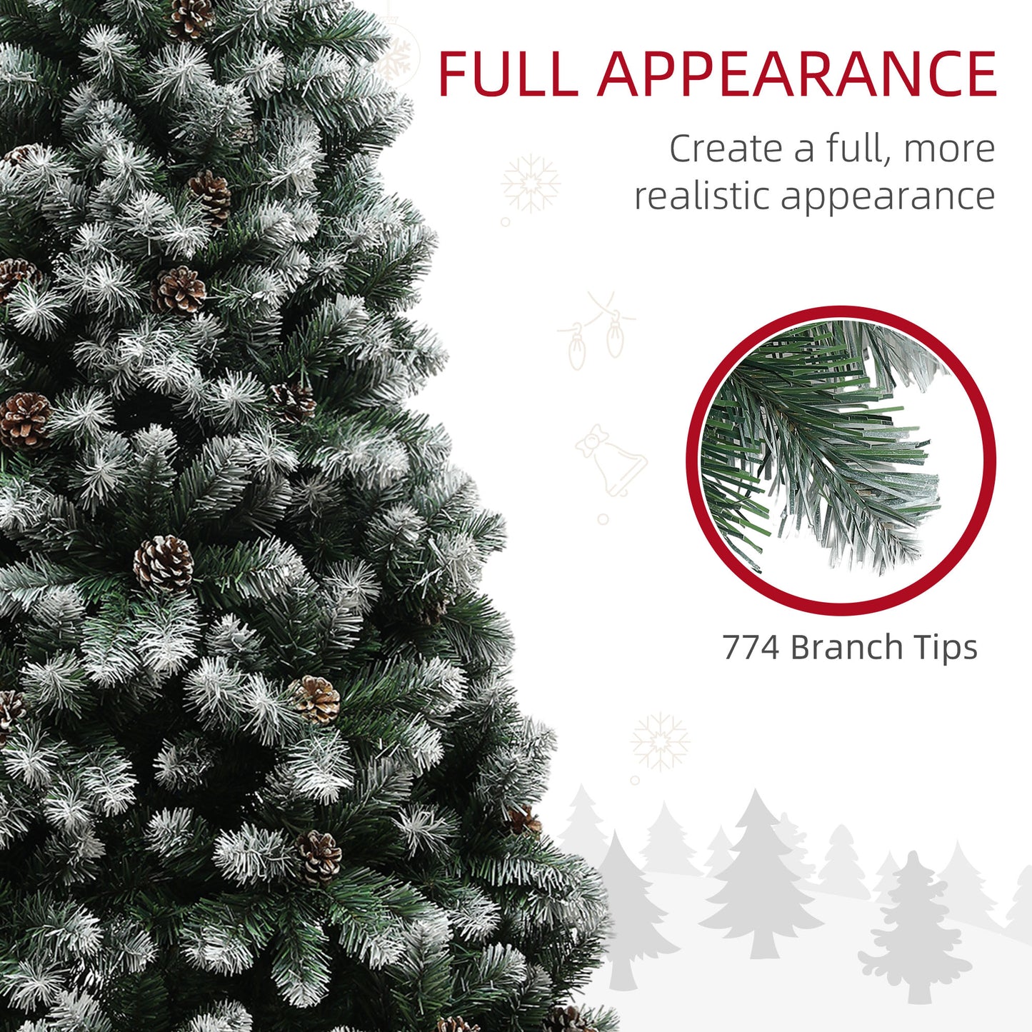 6ft Artificial Pine Christmas Tree with 774 Branch Tips and Steel Base, Realistic Hinged Tree with Pinecones, Holiday Décor for Home Office, Green