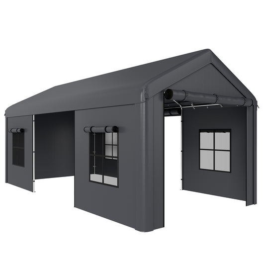 3x6m Heavy Duty Carport | Portable Garage | UPF30+ PE Cover | Galvanised Frame | Zipped Doors | Mesh Windows | Wind Level 5-6 | Dark Grey
