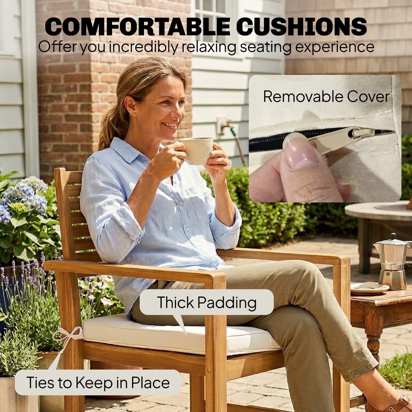 4-Piece Acacia Wood Garden Sofa Set | Loveseat, 2 Armchairs & Table | Cream White Cushions
